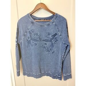 Max Jeans Whimsical Boho Denim Blue Sweatshirt Birds Floral Embroidery Medium